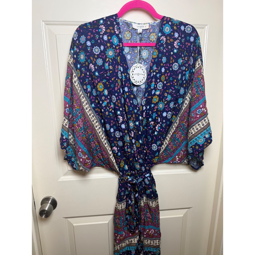 Umgee Navy Floral Boho Kimono Sleeve Romper V-Neck Tie Waist 1XL